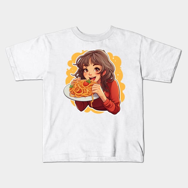 Cute Girl Eating Spaghetti Kids T-Shirt by Riverside-Moon